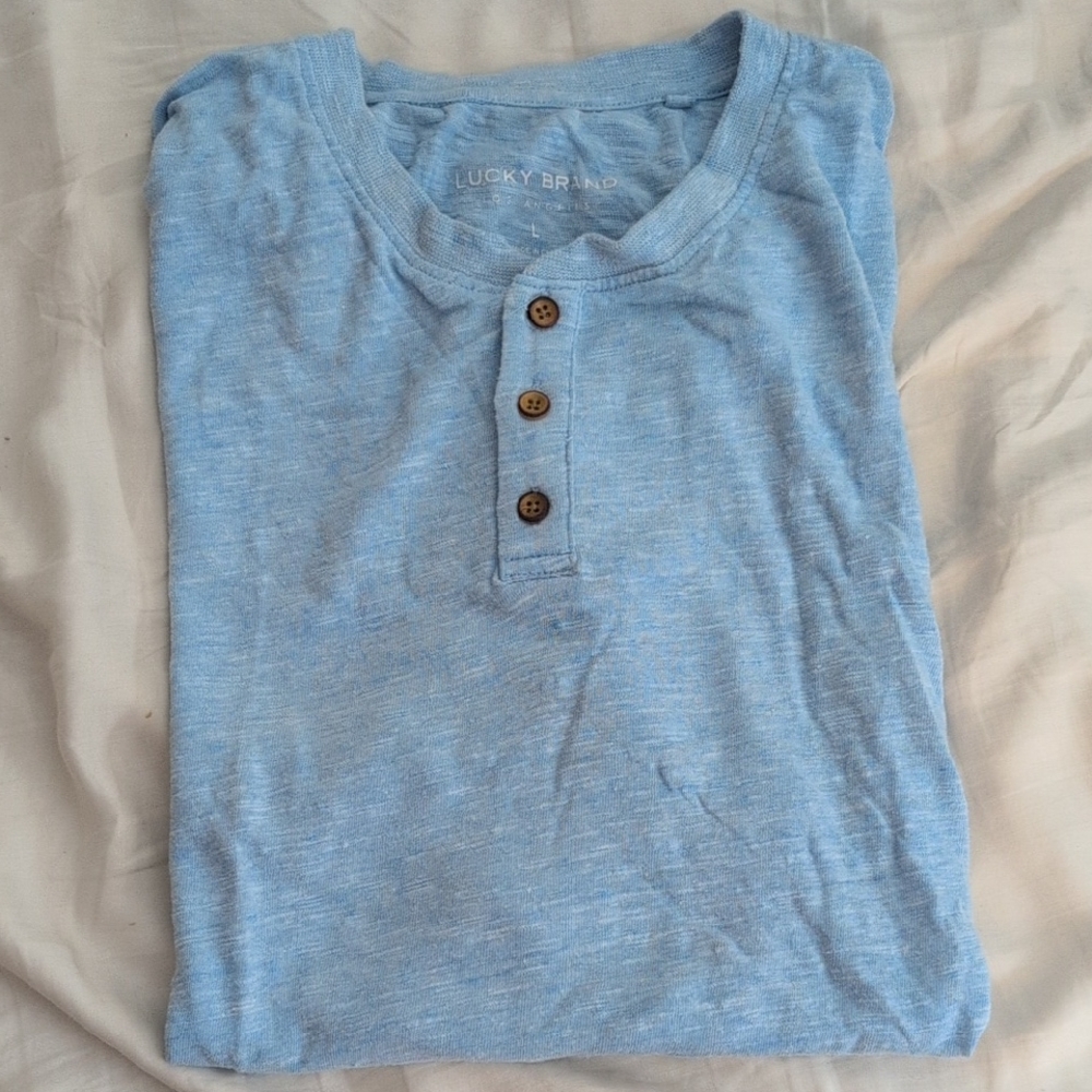 Lucky Brand Short Sleeve Henley, Light Blue, Size L